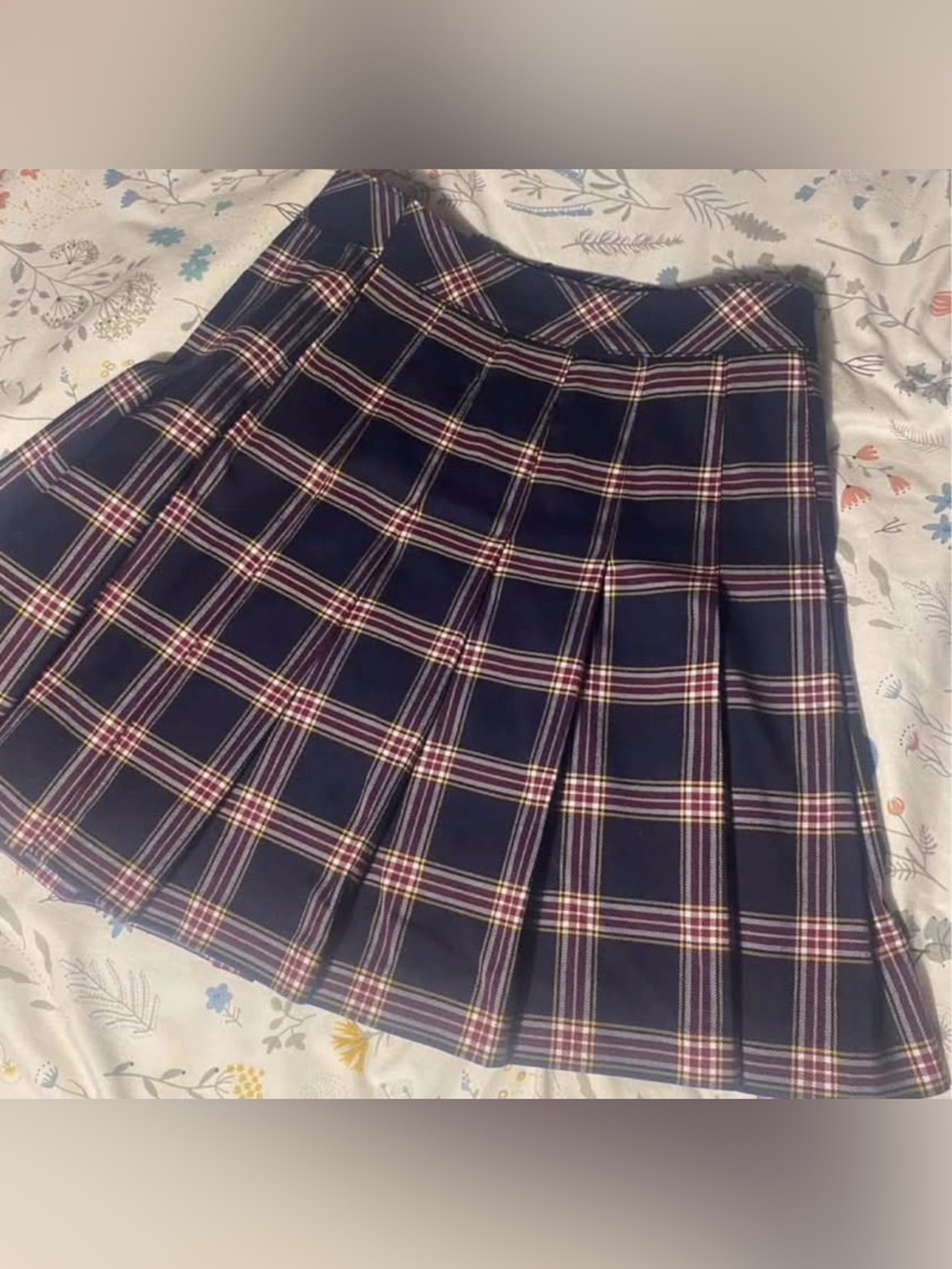 H&M Navy Plaid Pleated Mini Skirt with Red & Cream Stripes